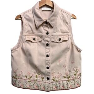 VTG Susan Bristol Women Pink‎ Embroidered Floral Denim Jean Vest LG 90s Cottage
